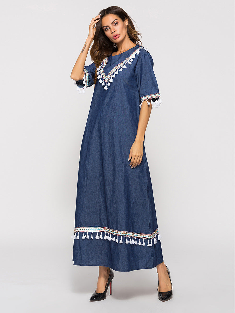 Denim | Mid-sleeve fringed dress