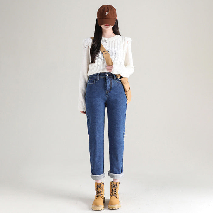 Denim | High Waisted Cotton Fleeced Straight Leg Jeans