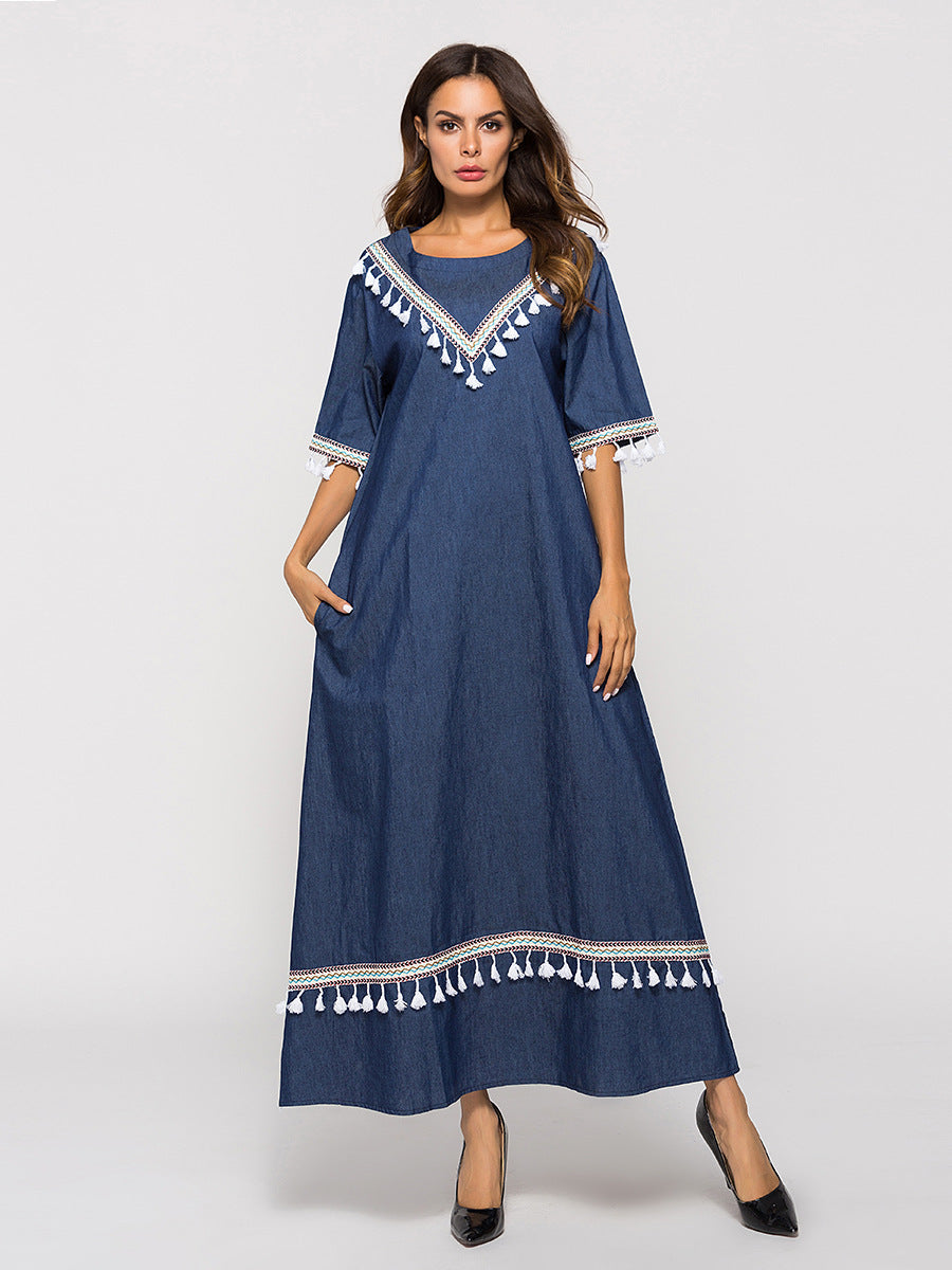 Denim | Mid-sleeve fringed dress