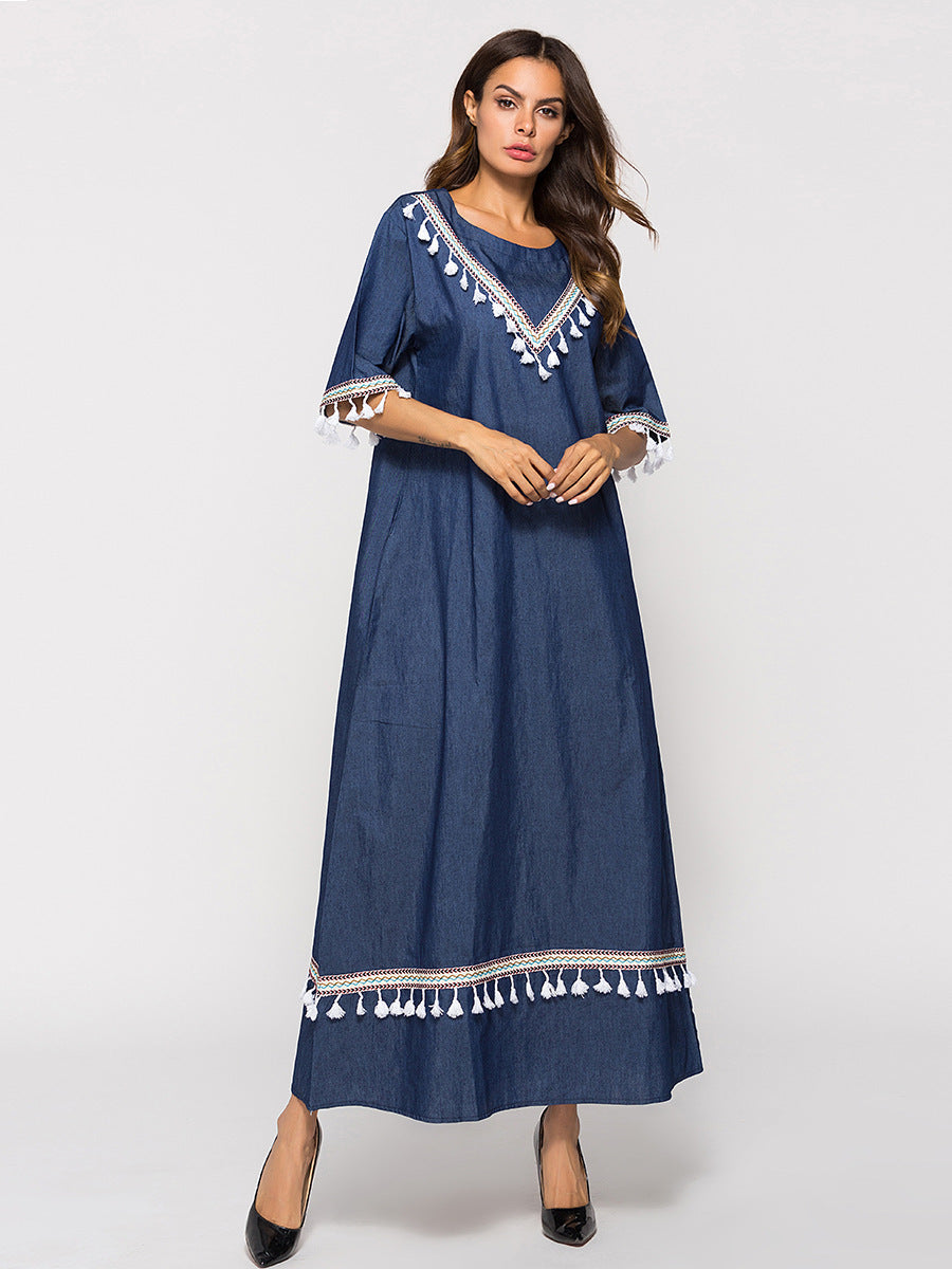 Denim | Mid-sleeve fringed dress