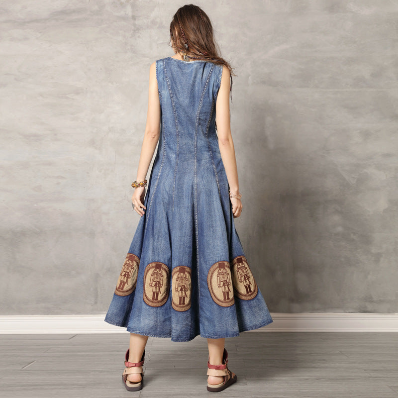 Denim | Vintage Appliqué Embroidered Maxi Dress