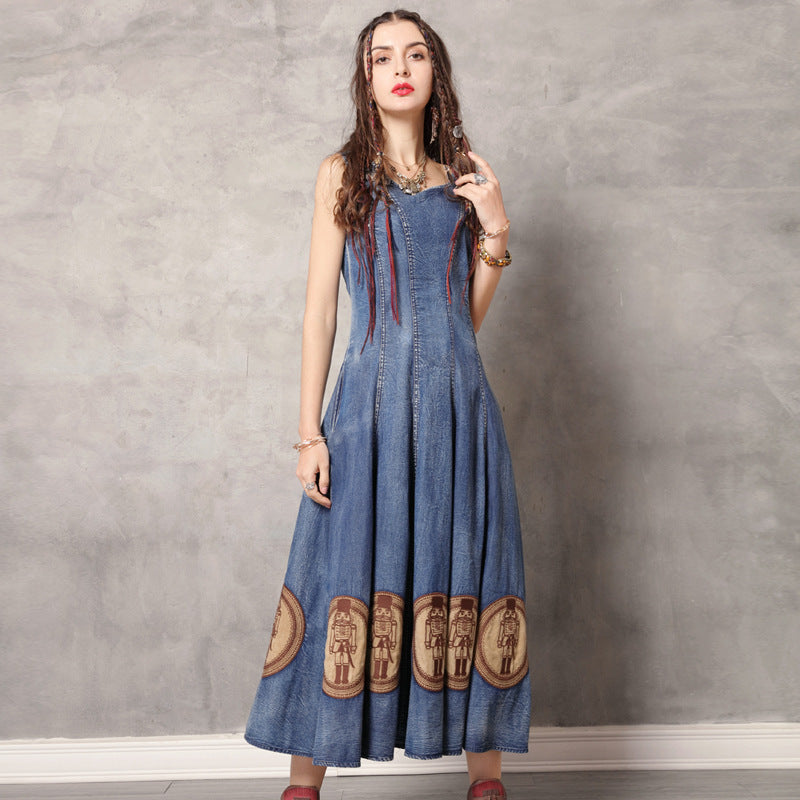 Denim | Vintage Appliqué Embroidered Maxi Dress