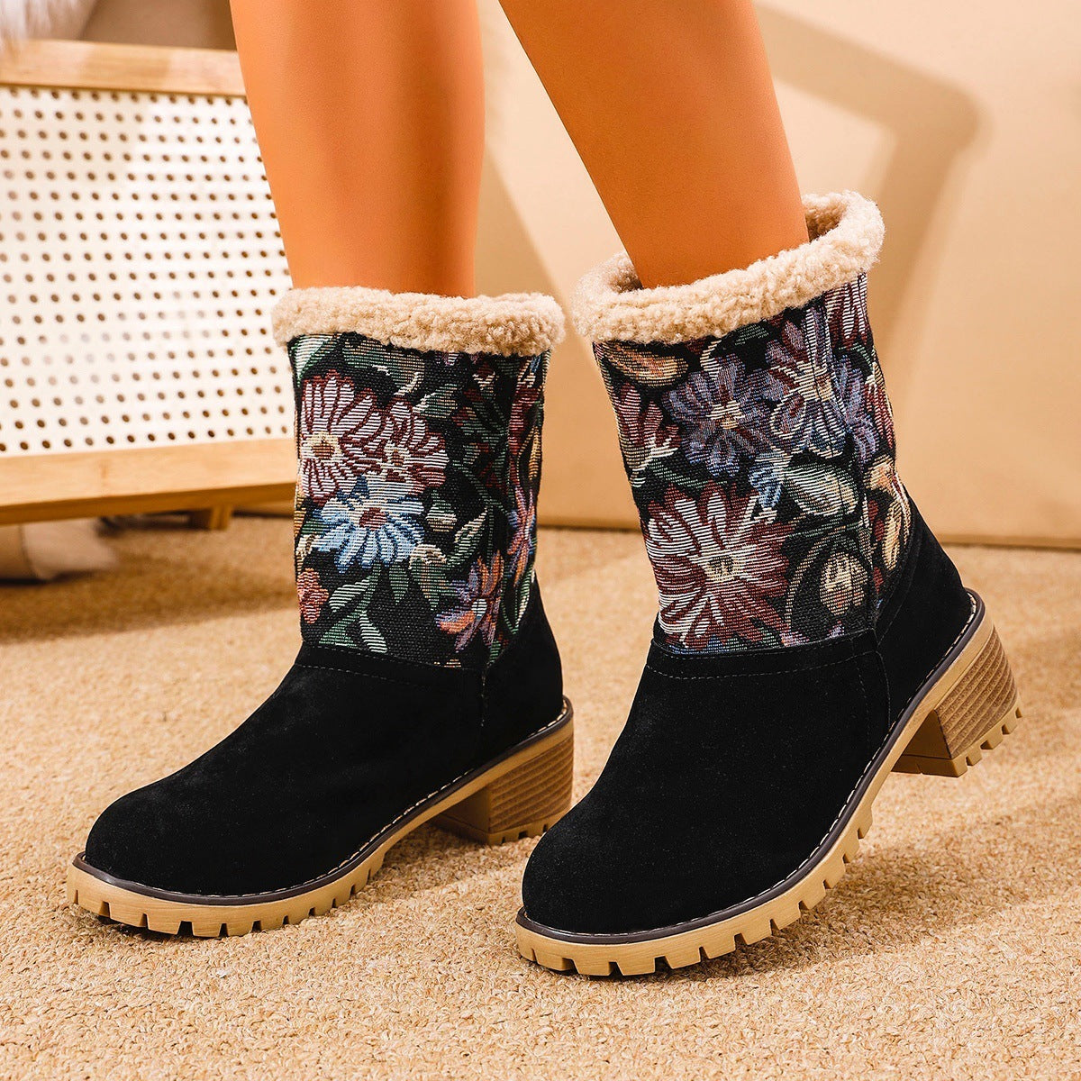 Floral Embroidered Boho Snow Boots