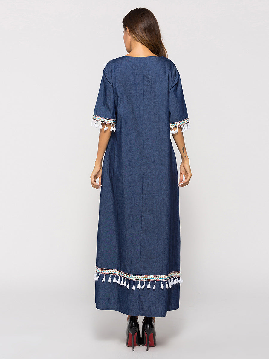 Denim | Mid-sleeve fringed dress