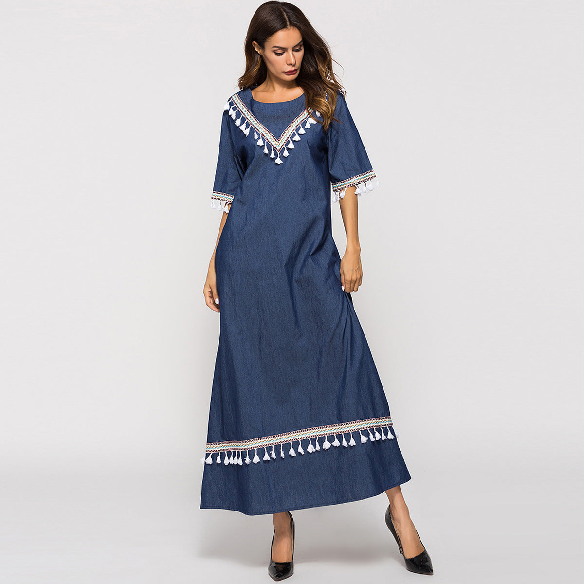 Denim | Mid-sleeve fringed dress