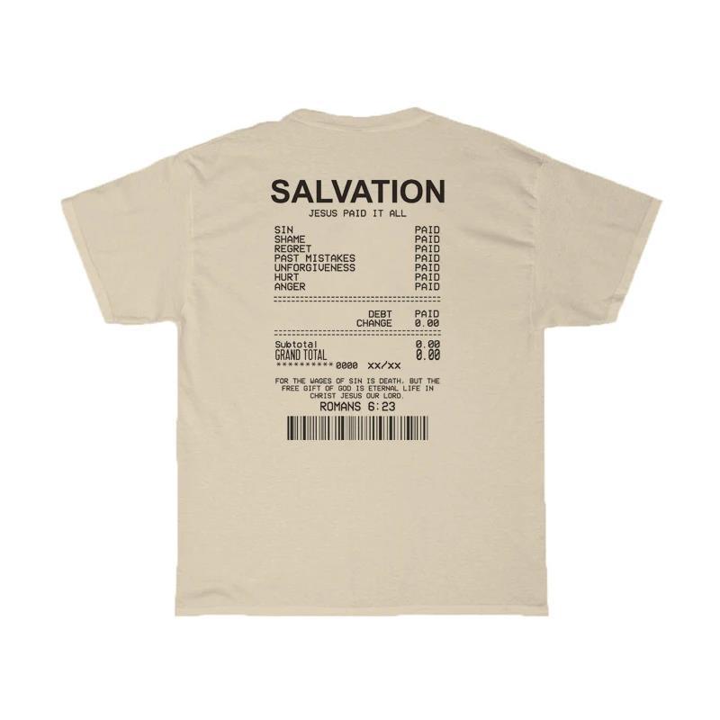 Beige t-shirt with text on the back on a white background
