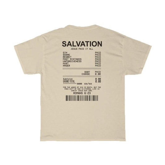 Beige t-shirt with text on the back on a white background
