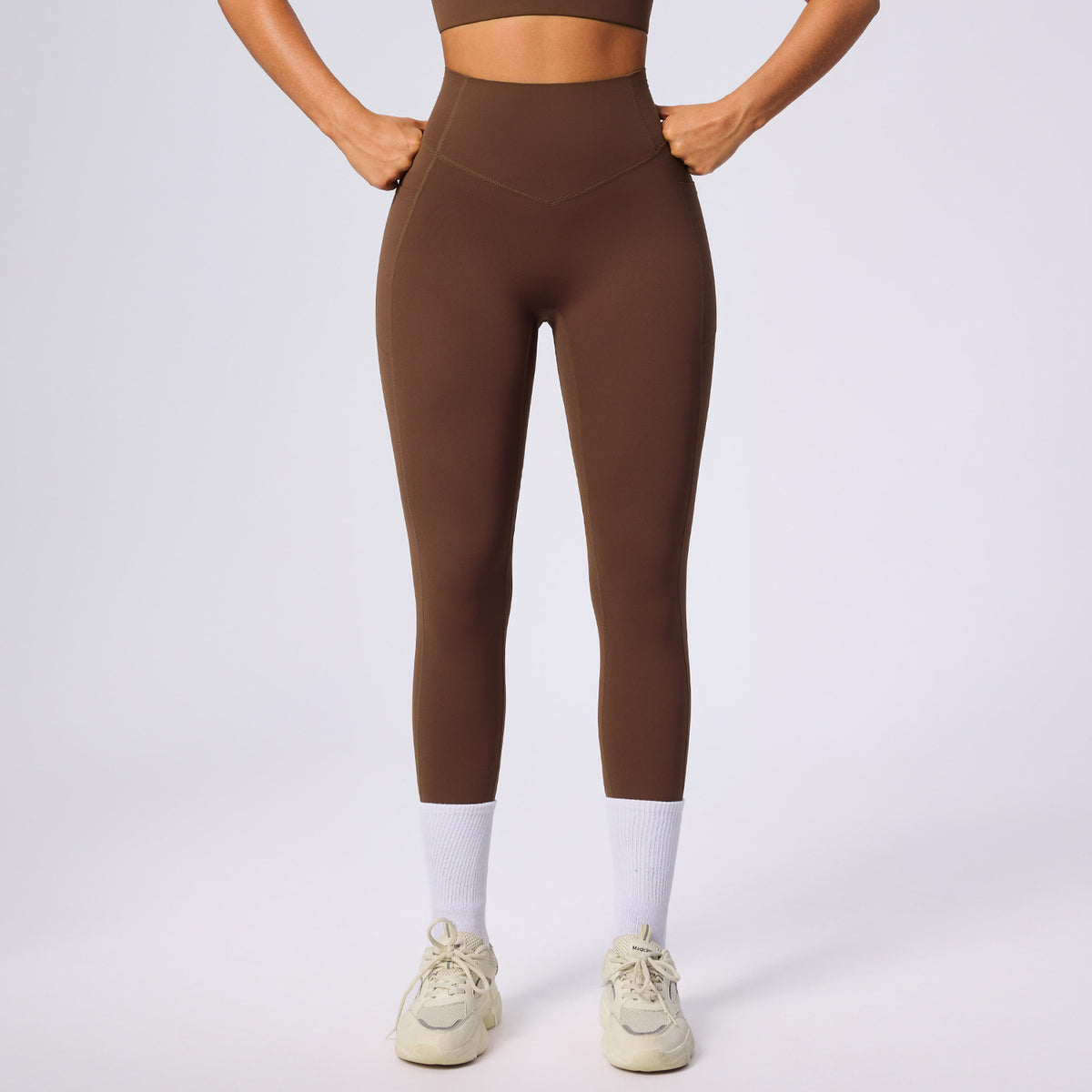 brown activewear set with pockets
