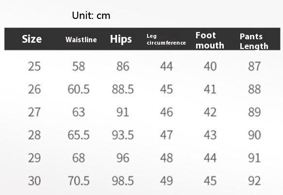 cotton jeans size chart