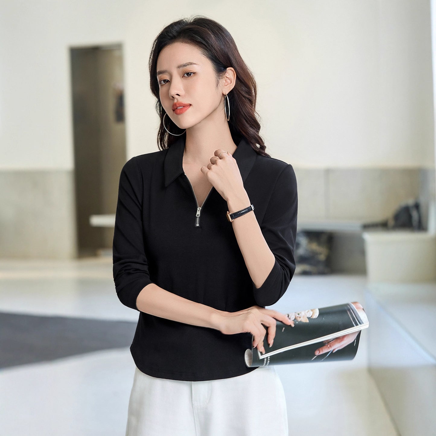 cotton long sleeve black tops