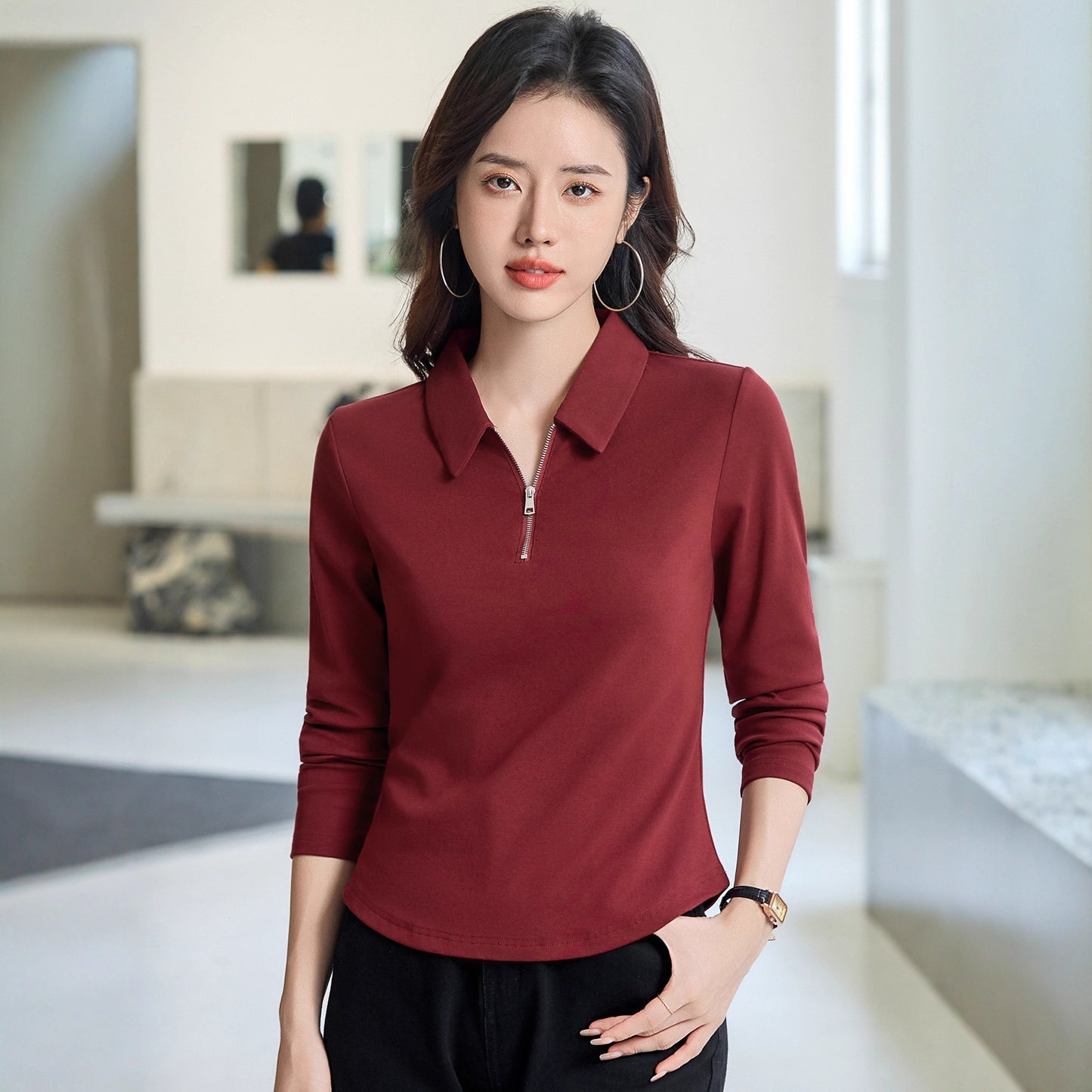 cotton long sleeve red tops