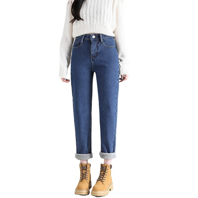 Denim | High Waisted Cotton Fleeced Straight Leg Jeans