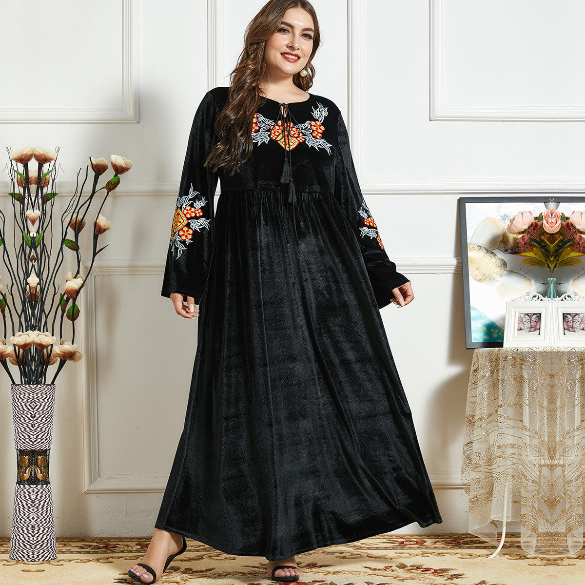 Arab | Black Velvet Embroidery Maxi Dress