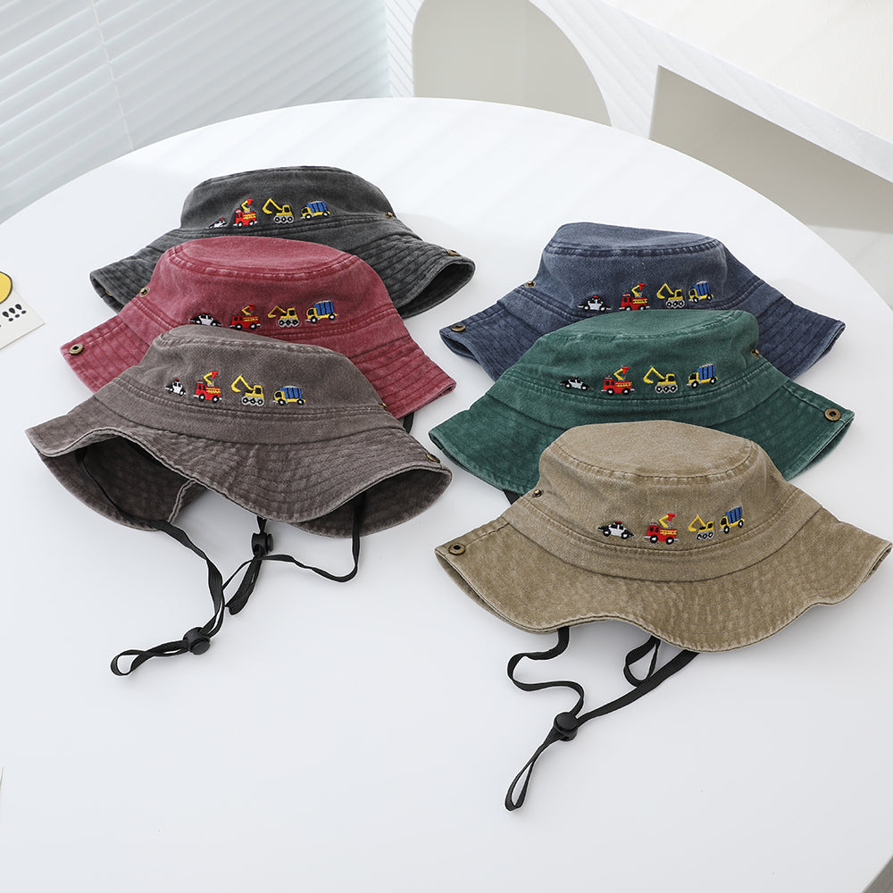 kids vehicle embroidered bucket hats