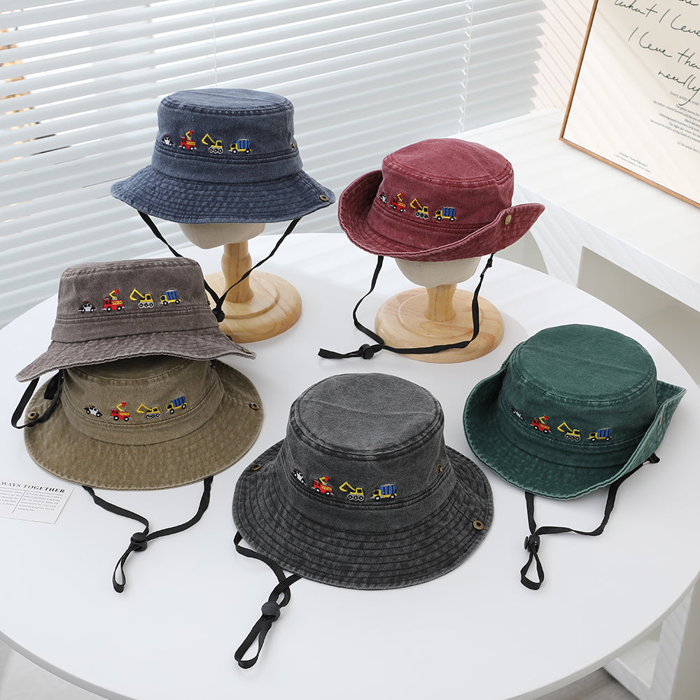 kids vehicle embroidered bucket hats
