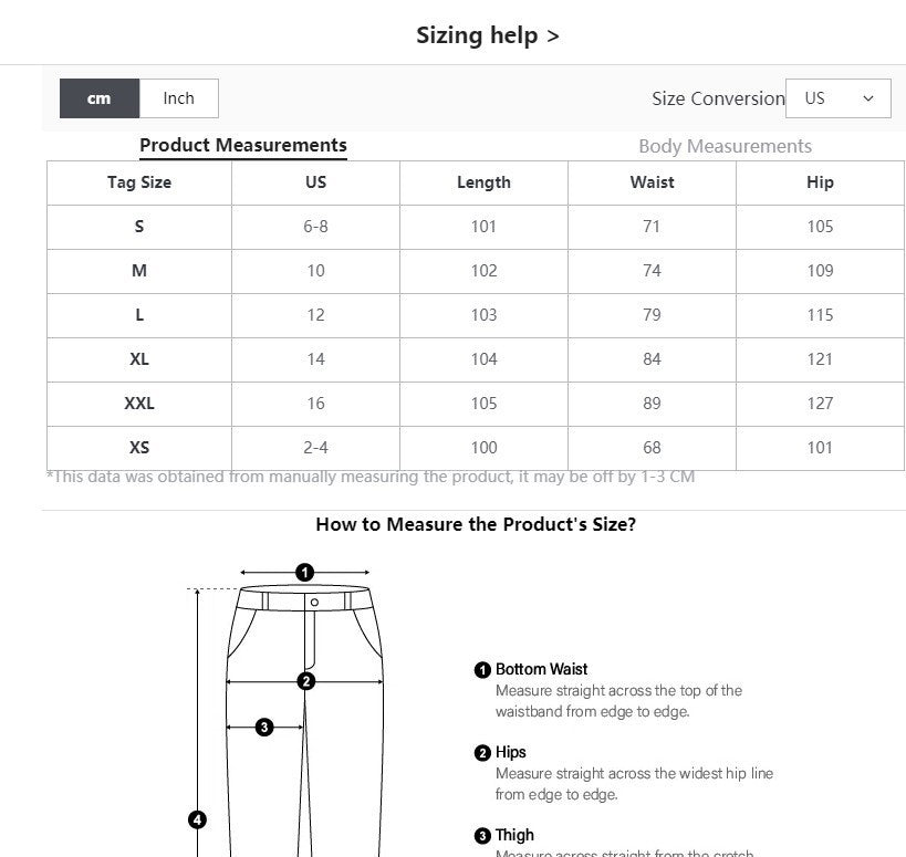 linen pants size charts