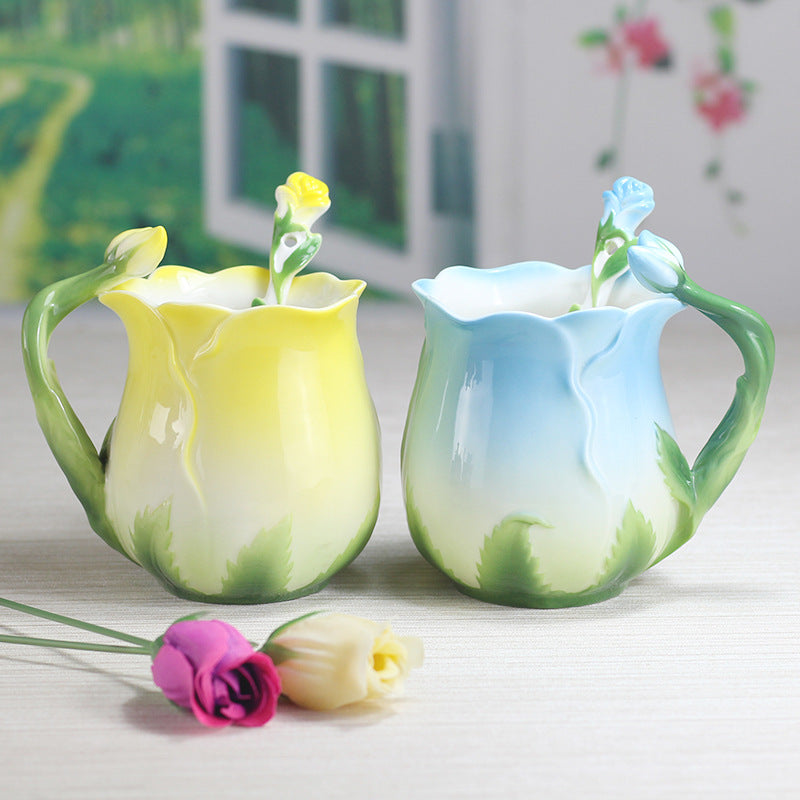 yellow and blue tulip mugs